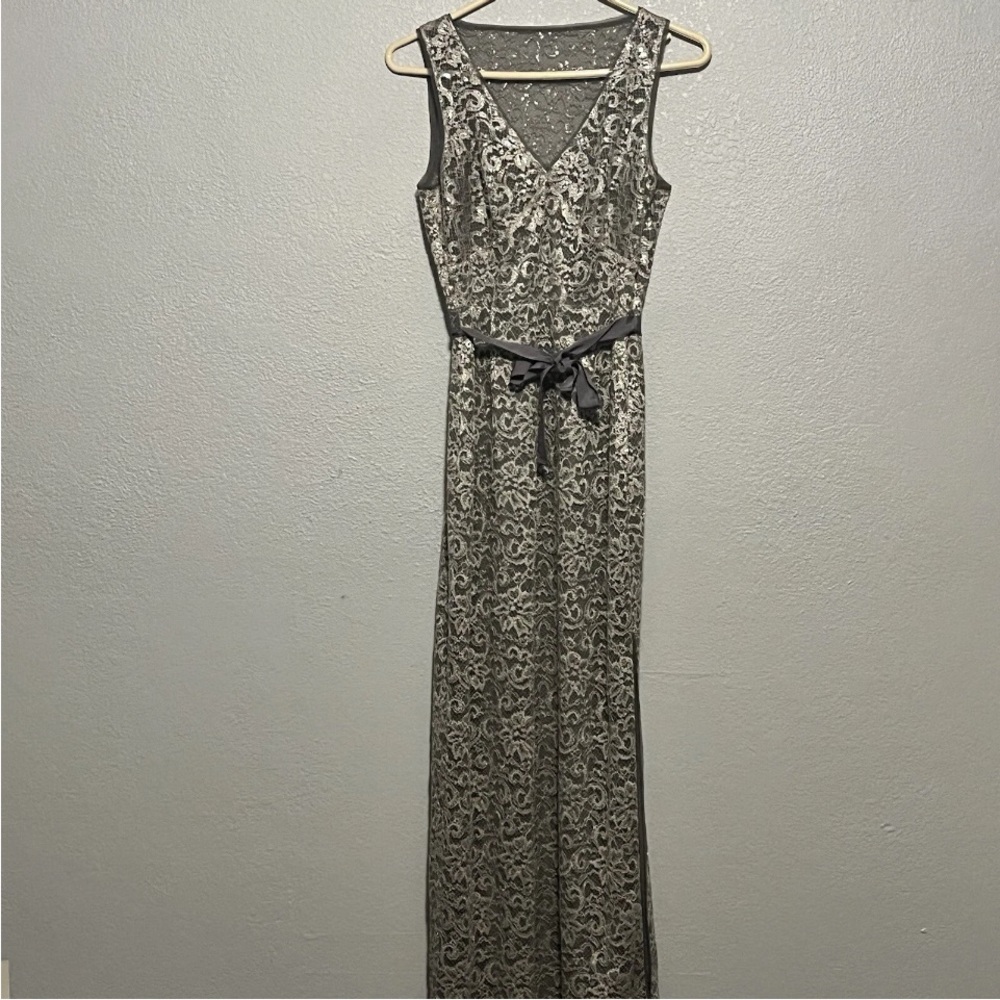 BCBG Gray Dress Nadir Metallic Lace Evening Gown Dress Size 2 MSRP $386.00